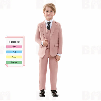 Trendy Pink Solid Suit Set For Kids For Wedding Party Graduation Communion Back-To-School Children Tuxedo Set 4 Pcs Suits
