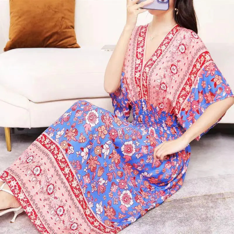 Flower V-neck Elastic Youthful Bohemian Sweet Midi Dress Woman Clothes Chic Fashion Summer Dresses 2025 Large Swing Ski