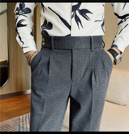 Men's Slim Fit Naples Business Casual Trousers Made of Autumn and Winter Wool, Thickened for Warmth, Classic Ankle-length Pants.