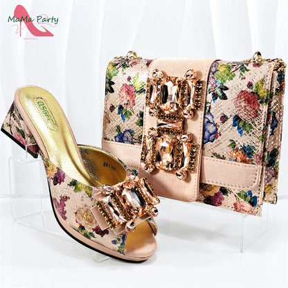 2025 Italian New Arrivals Shoes and Bag Set in Purple Color High Quality Special Design Slipper with Crystal for Wedding Dress