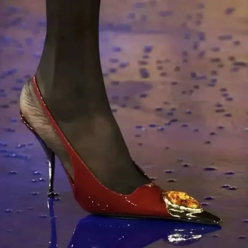 Luxury Metal Jewel Decoration Heels Women 2025 Sexy Pointed Toe Patent Leather Women Pumps Elegant Banquet High Heeled Sandals