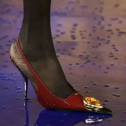 Luxury Metal Jewel Decoration Heels Women 2025 Sexy Pointed Toe Patent Leather Women Pumps Elegant Banquet High Heeled Sandals