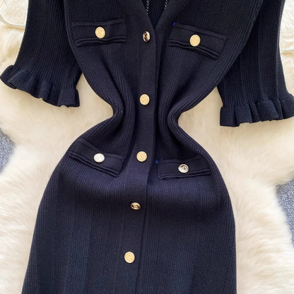 Fashion Vintage Knitted Long Dress Spring Summer Women Elegant V-neck Ruffled Bodycon Sweater Dress Party Vestido