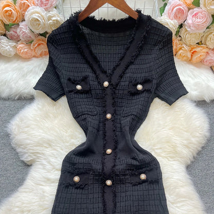 Fashion Sexy Package Hips Knitted Dress Women V-neck Single-breasted Bodycon Sweater Dress Office Lady Vestidos