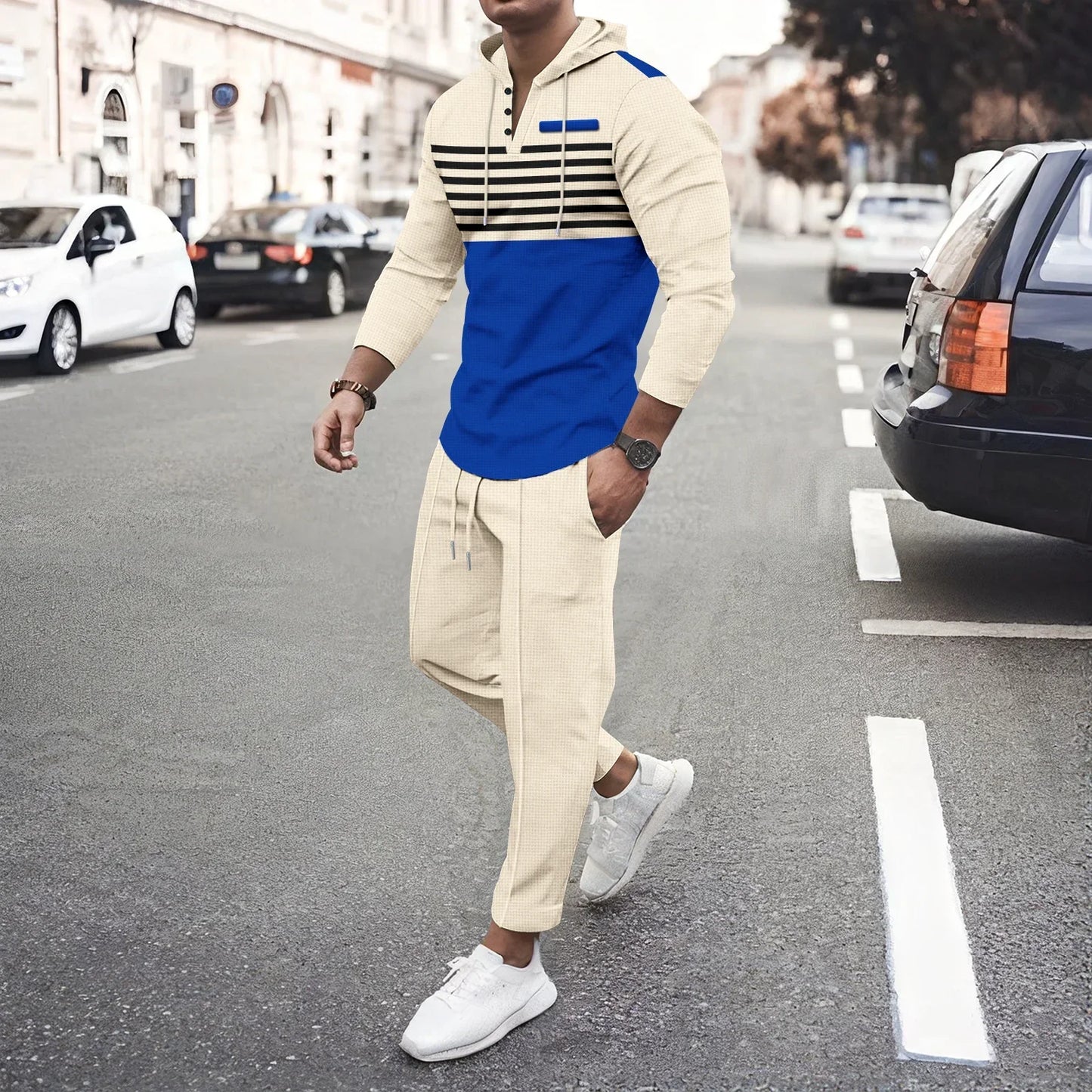 New Men's Waffle Casual Set Outdoor Four Seasons Versatile Trendy Stripe Color blocked Hoodie, Casual Pants Two Piece Set