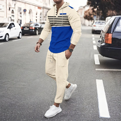 New Men's Waffle Casual Set Outdoor Four Seasons Versatile Trendy Stripe Color blocked Hoodie, Casual Pants Two Piece Set