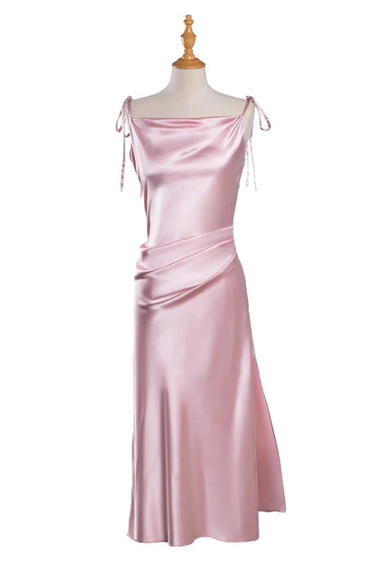 Spaghetti Straps Satin Silk Women Sheath Midi Bridesmaids Dress Champagne Mint Green Ankle-Length Wedding Party Formal Gowns