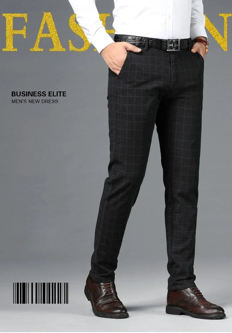 Spring Summer Business Men's Casual Pants Fashion Grid Design Versatile Comfortable Slim Straight Legs Elastic Male Trousers
