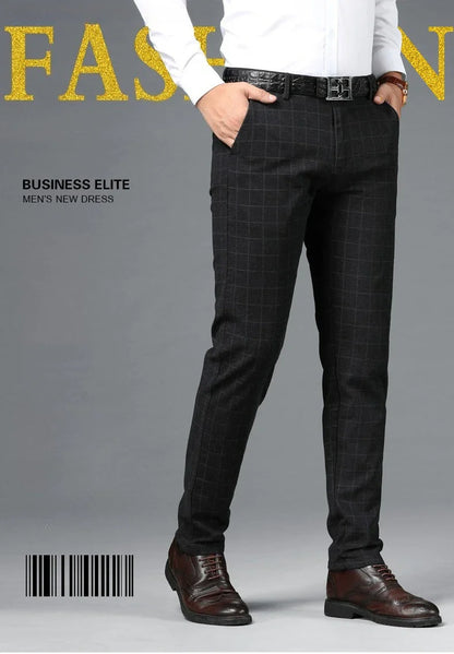 Spring Summer Business Men's Casual Pants Fashion Grid Design Versatile Comfortable Slim Straight Legs Elastic Male Trousers