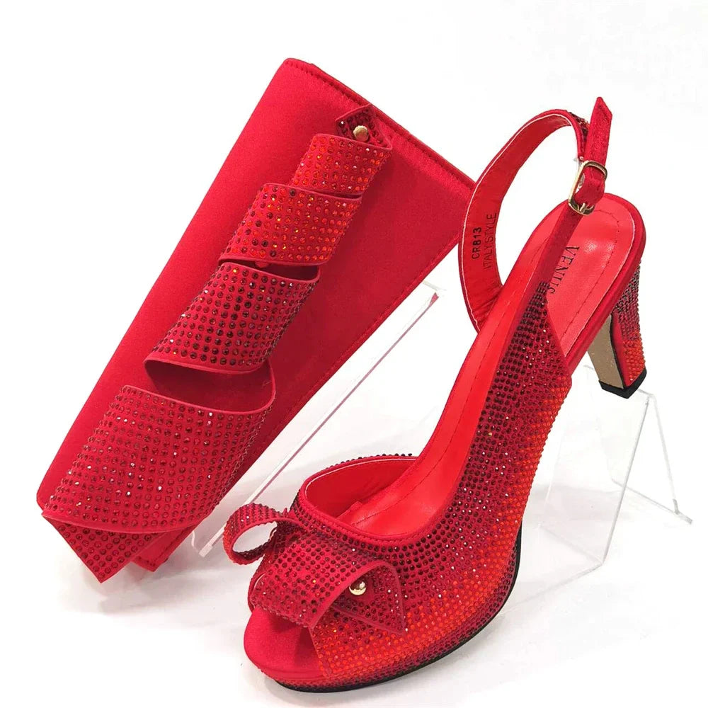 Newest INS Style Peach Color Rhinestone Elegant High Heels Nigeria Popular Design African Ladies Shoes And Bag Set