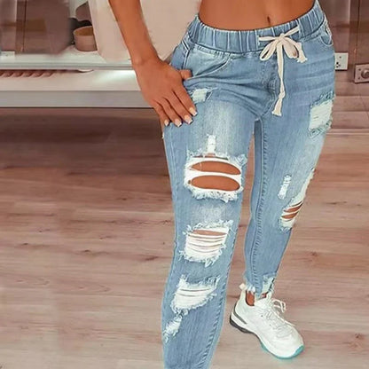 Women Elastic Waist Drawstring Pencil Denim Jeans