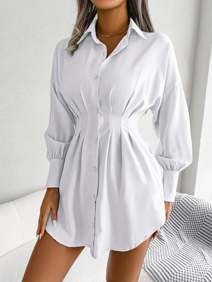 Women Casual Buttons Long Sleeve Shirt Dress Autumn 2026 Solid Color Lapel Mini Dress White Blue Army Green Woman Clothing