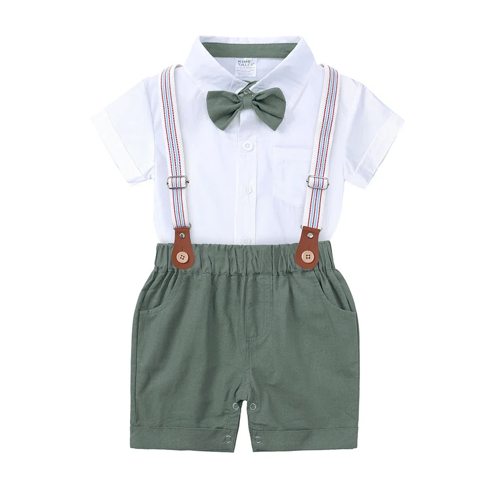 2026 Baby Boy Formal Birthday Outfit Suit Toddler Gentleman Clothes Infant Short Sleeve Bowtie Shirt+Suspender Pants Casual Sets