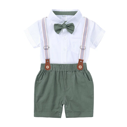 2026 Baby Boy Formal Birthday Outfit Suit Toddler Gentleman Clothes Infant Short Sleeve Bowtie Shirt+Suspender Pants Casual Sets