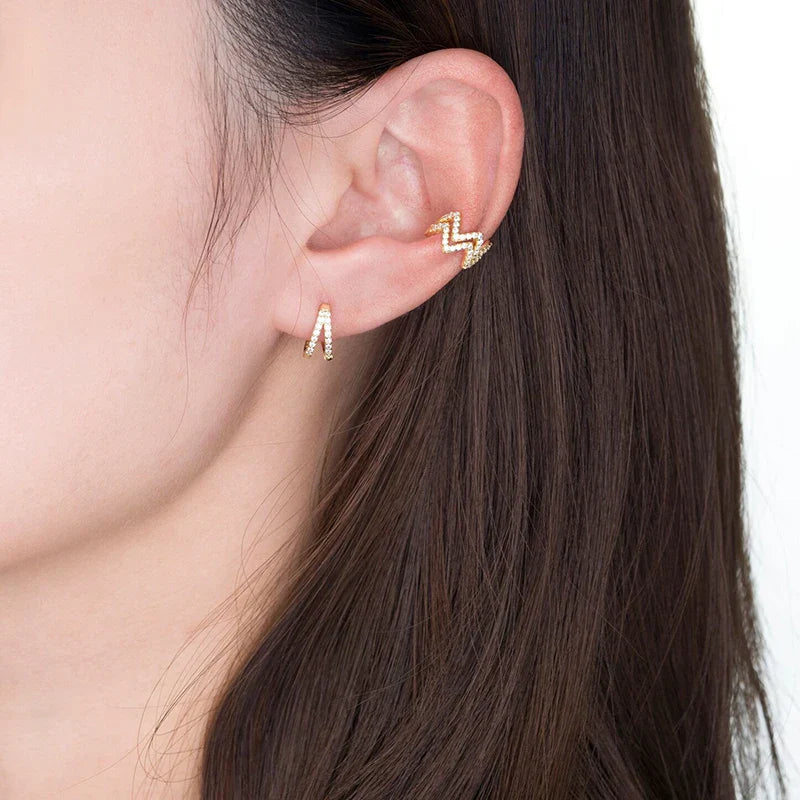 925 Sterling Silver Fashion Luxury Shiny Double Layer Zircon Huggies Hoop Earrings for Women Plated 18k Gold Fine Jewelry