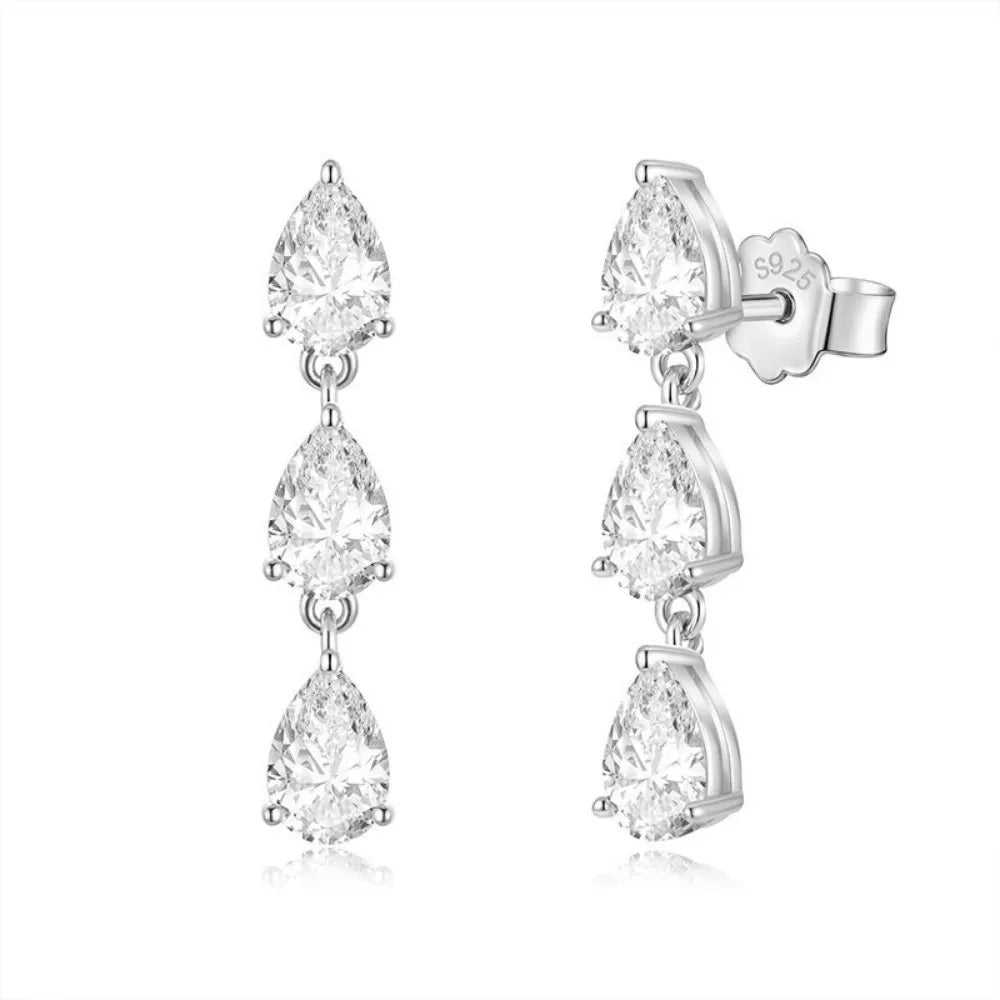 3-Stone Pear Cut Real Moissanite Diamond Drop Earrings for Women 925 Sterling Silver Waterdrop Dangle Earring with Certificate
