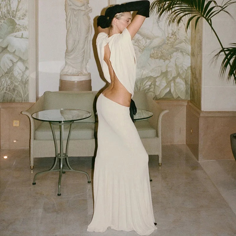 Sexy Elegant Backless Bow Lace Up Maxi Dress Women Sleeveless Hollow Out Party Evening Long Dresses White Purple Robes