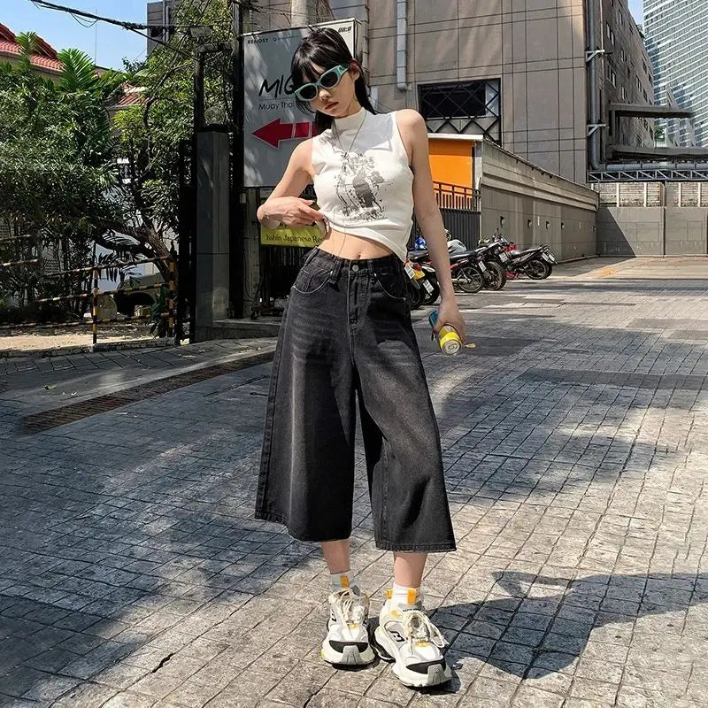 Verão American Style Vintage Feminino Jeans Folgado Y2k Solto Lavado Cintura Alta Calça Jeans Comprimento Joelho Streetwear Shorts Perna Larga