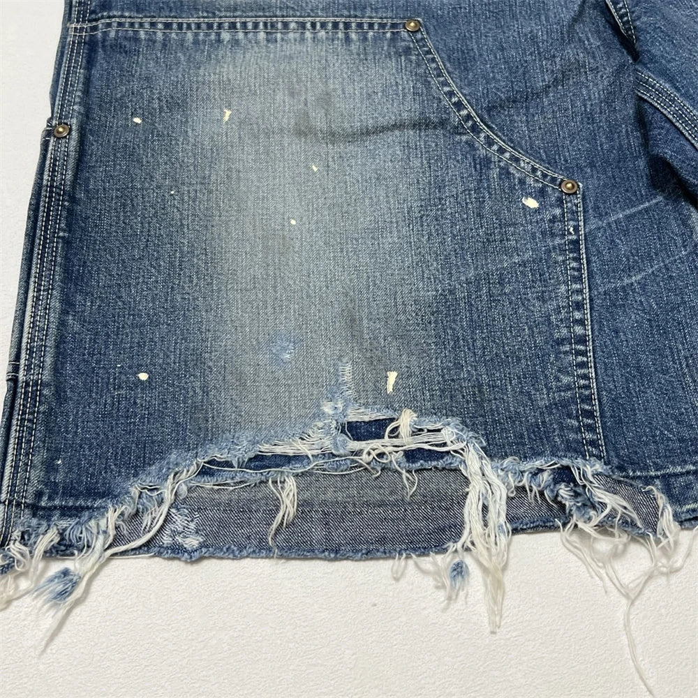 Black Nice Washed Damaged Saint DOUBLE KNEE Zipper Denim Shorts Men Women Oversized Shorts