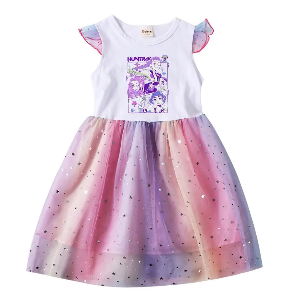 Baby Girls Dress Children Cartoon Mesh Star Sequins Princess Dress Kids Flying Sleeve Skirt For Birthday Gift