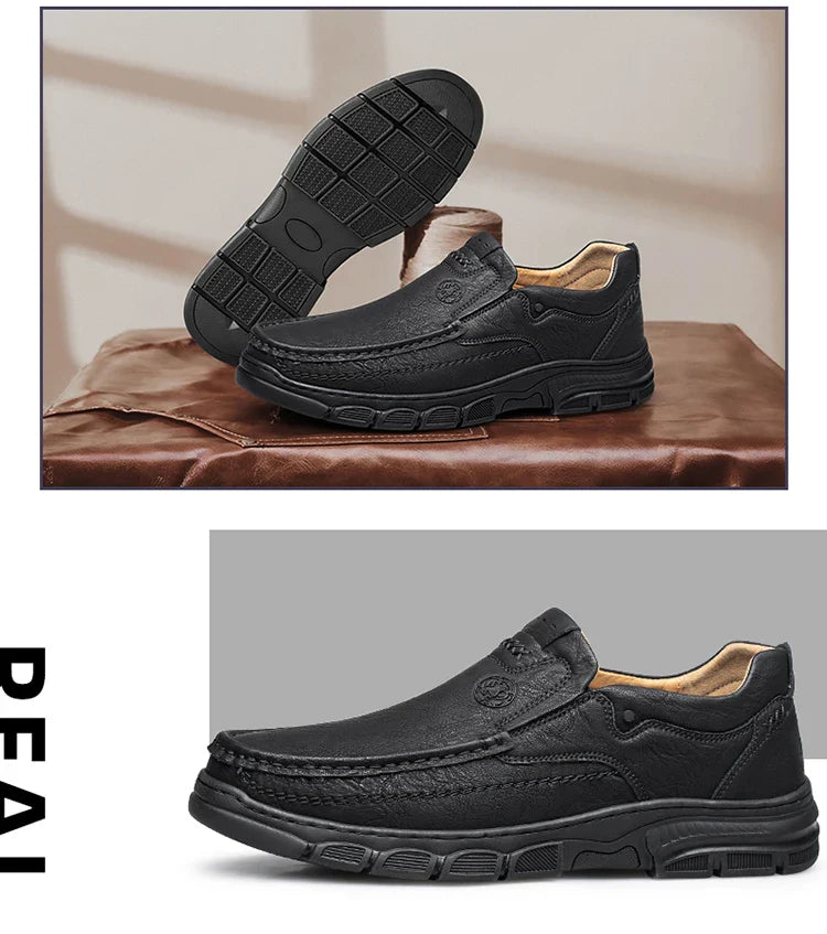 Men's Handmade Thick Rubber Bottom Breathable Casual Leather Shoes Classic Sewn Loafers Comfortable Leisure Footwear