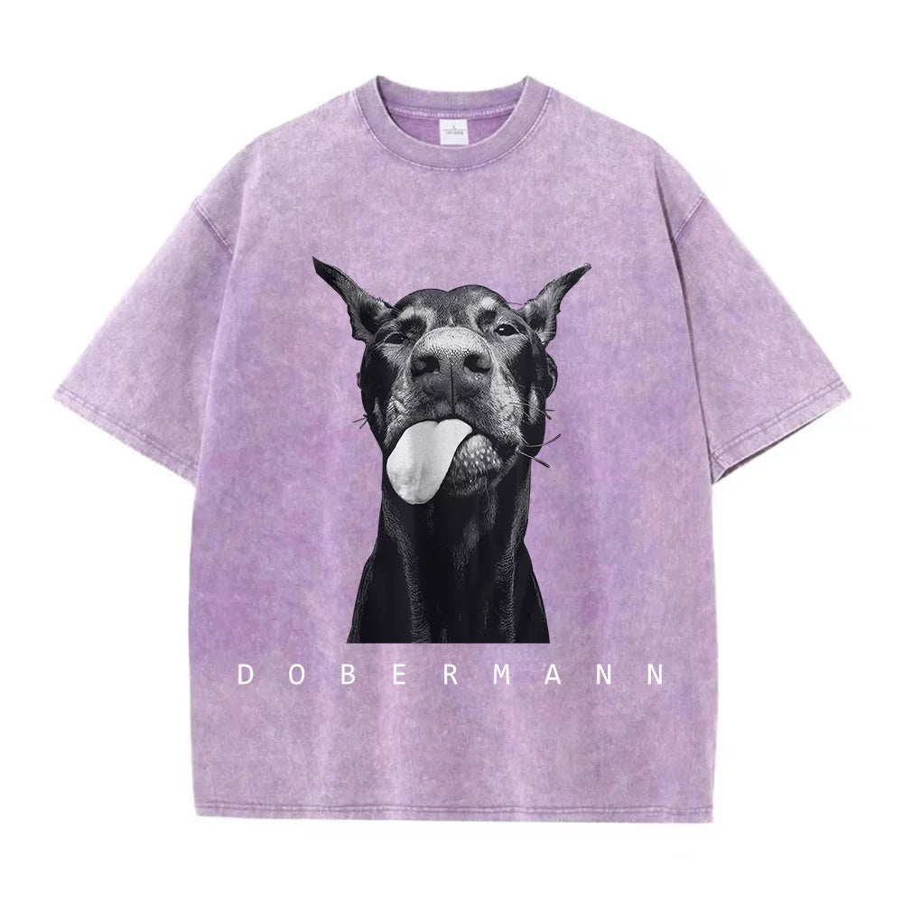 Camisetas femininas de algodão lavadas, moda criativa, estampa de Doberman, manga curta, gola redonda, folgadas, estilo destroyed, roupas femininas de rua