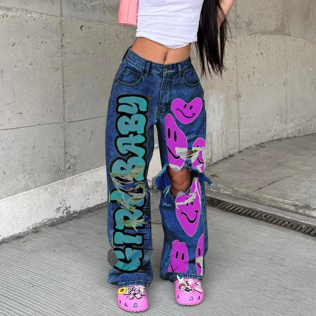 Wish Loose Washed Denim Long Pants Women's Cargo Trousers