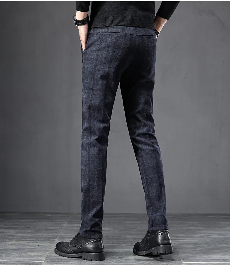 Autumn Men's Brushed Plaid Casual Pants Korean Style Gray Elastic Straight Slim Fit Fashionable Work Pants Blue and Black Male