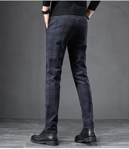 Autumn Men's Brushed Plaid Casual Pants Korean Style Gray Elastic Straight Slim Fit Fashionable Work Pants Blue and Black Male