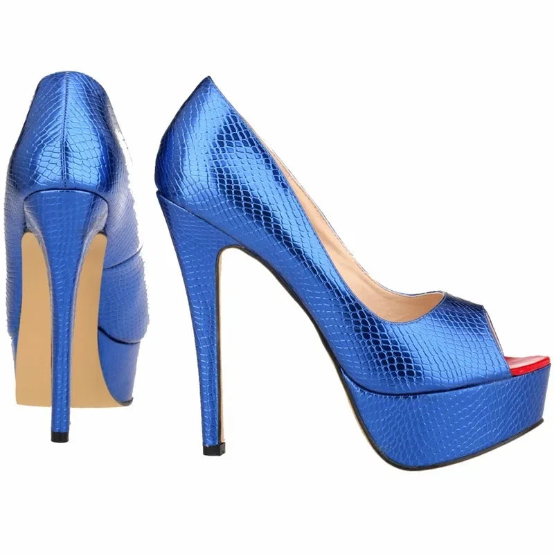Women Sandals Sexy Pumps Patent Leather Platform Crocodile Pattern 14cm High Heels Peep Toe Stilettos Party Dress Wedding Shoes