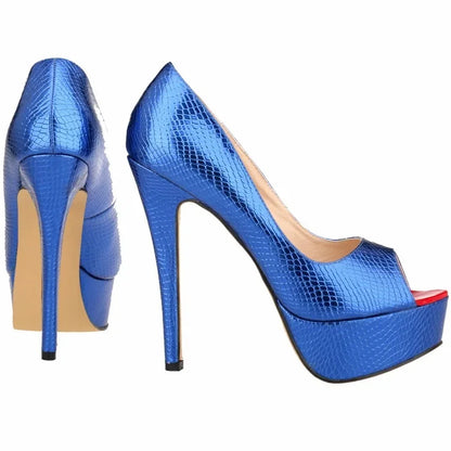 Women Sandals Sexy Pumps Patent Leather Platform Crocodile Pattern 14cm High Heels Peep Toe Stilettos Party Dress Wedding Shoes