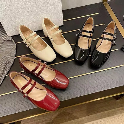 2025 New Women's Burgundy Patent Leather Mary Jane Pumps - Vintage-Inspired Double Gold Buckle Low Block Heel Dress Shoes