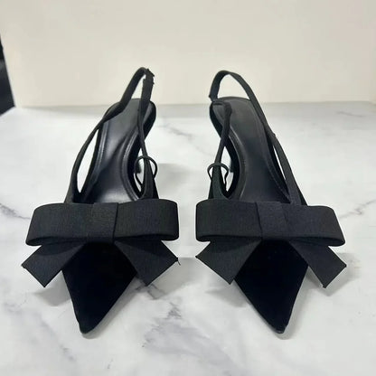 Black Velvet Butterfly-knot Designer Heeled Sandals Women Sexy Pointed Toe Slingbacks Women Pumps Elegant Party Dress High Heels