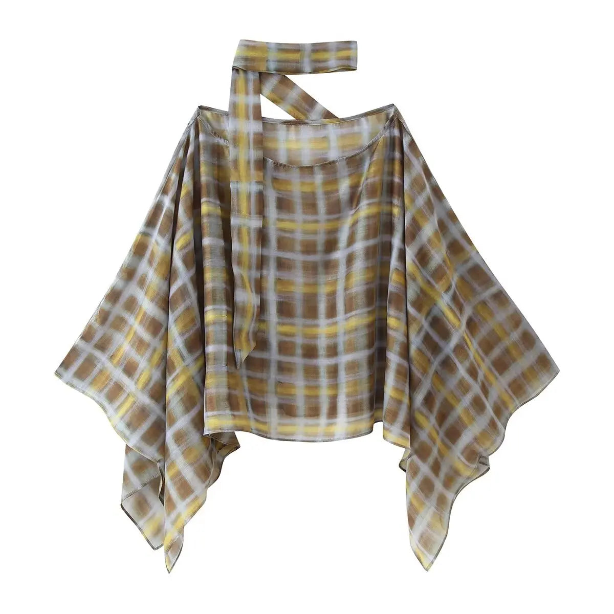 Women Fashion Plaid Print Blouse Vintage Casual Loose Asymmetric Hem Tops With Scarf Summer Thin Female Holiday Beach Outfits