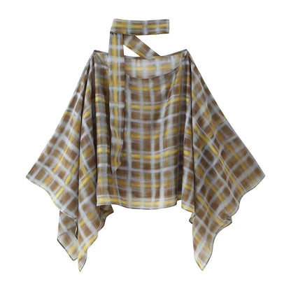 Women Fashion Plaid Print Blouse Vintage Casual Loose Asymmetric Hem Tops With Scarf Summer Thin Female Holiday Beach Outfits