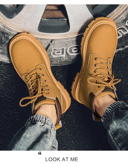 Men's high top boots four season outdoor work shoes anti slip and comfortable yellow boots fashion British casual leather boots