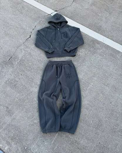 American Y2K Casual Zipper Hoodie Sweatpant Two Piece Set HipHop Oversized Embroidery Sweatshirts Men Women Casual Pants