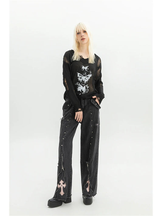 Women Clothing Black Gothic Jeans 90s Aesthetic Y2k Oversize Denim Trousers Vintage Harajuku Korean Emo 2000s Trashy Jean Pants