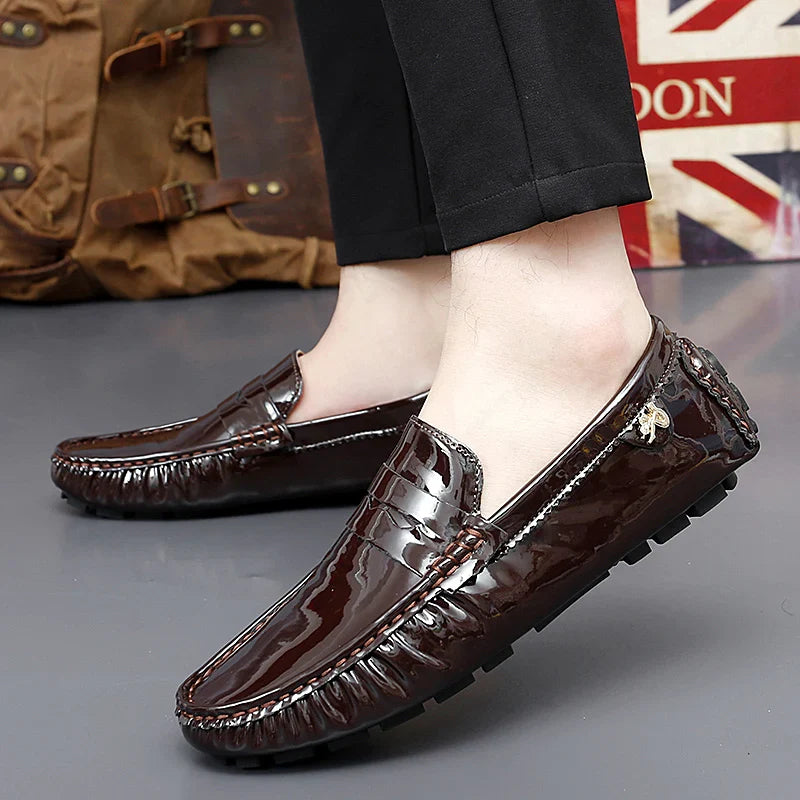 Patent Leather Beanie Shoes Men's New Spring and Summer Large Size Patent Leather Casual British Leather Shoes Women's Slip-On Lazy Casual Shoes Handmade Shoes