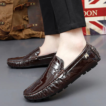 Patent Leather Beanie Shoes Men's New Spring and Summer Large Size Patent Leather Casual British Leather Shoes Women's Slip-On Lazy Casual Shoes Handmade Shoes