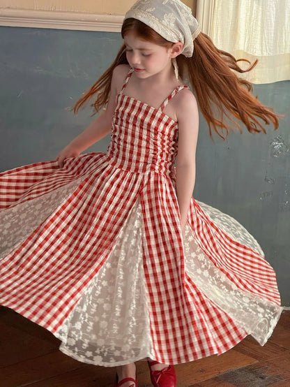 2025 Summer New Children Fairy Long Dress for Girls French Red Checkered Lace Splicing Lace Strap Dress