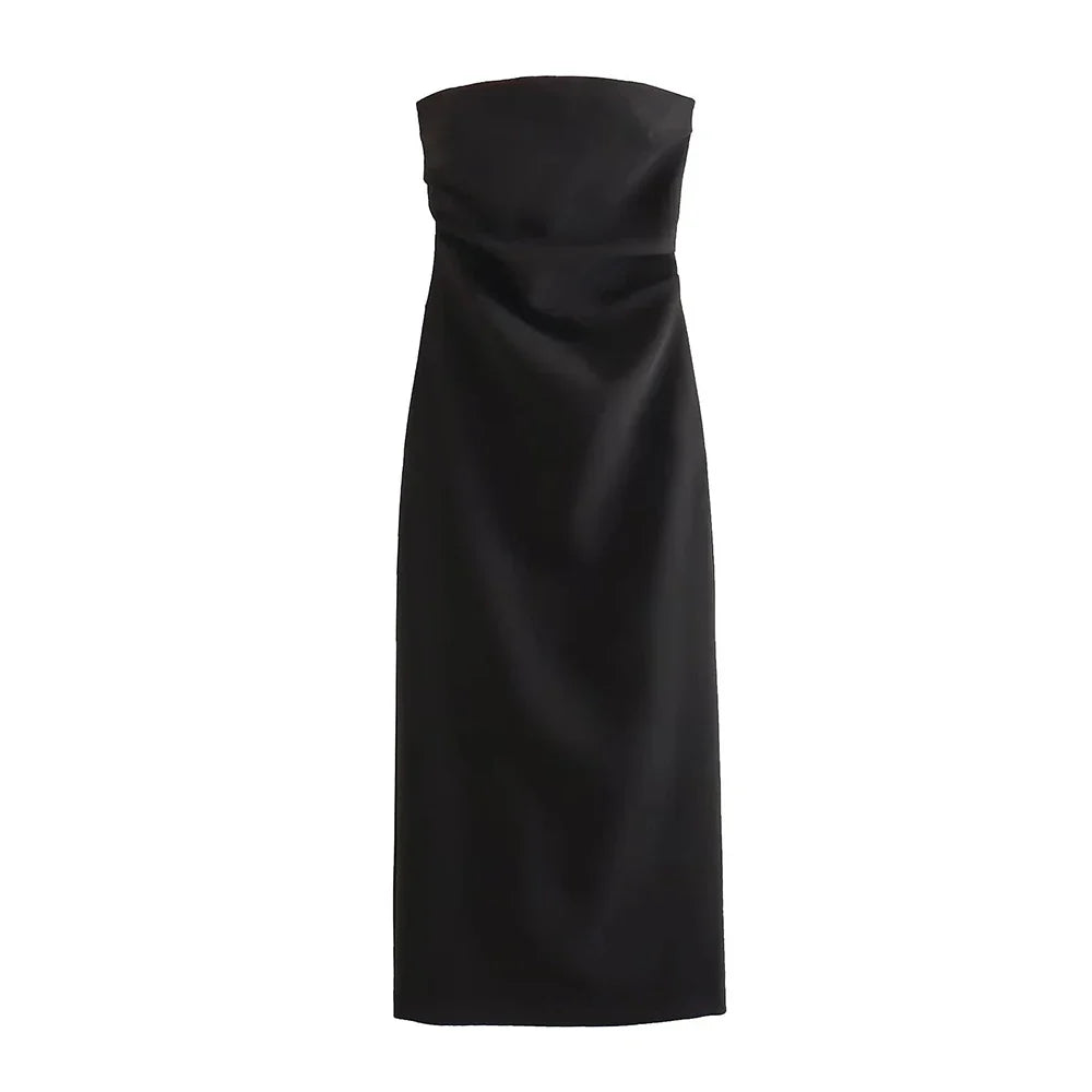 Women Fashion Strapless Gathered Midi Dress Sexy Straight Neck Back Slit Female Dresses Vestidos Mujer