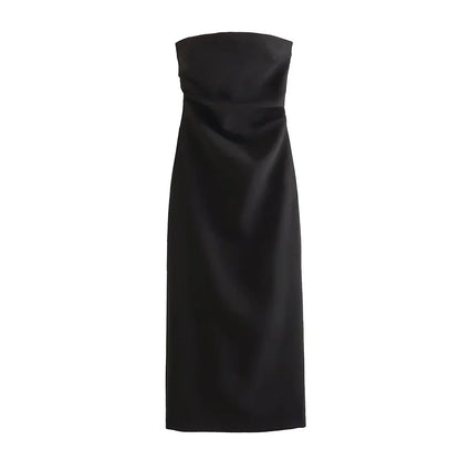Women Fashion Strapless Gathered Midi Dress Sexy Straight Neck Back Slit Female Dresses Vestidos Mujer