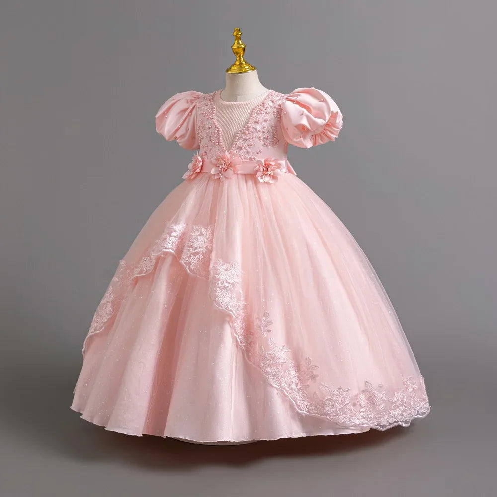 Girl's Pearl Bubble Sleeves Princess Dress 4-12 Years Old Fashionable Flower Lace Satin Dress Birthday Wedding Flower Girl Dress
