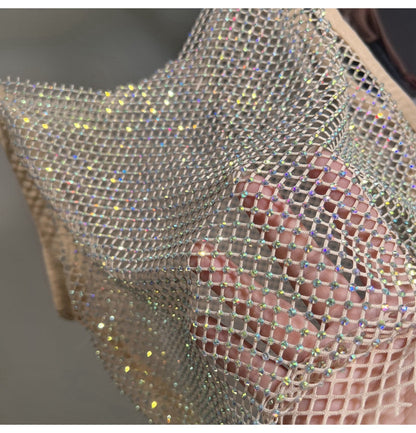 Summer New Mesh Diamond Crystal Short Halter Top AB Color Diamond Sexy Inner Shining Waistless Tops