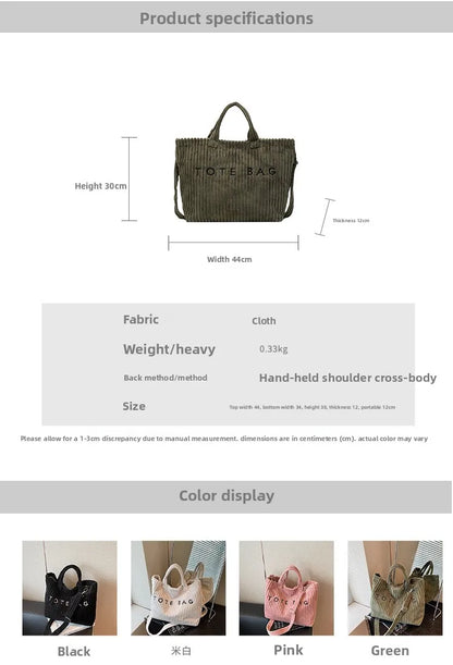 Large Capacity Striped Velvet Handbag Shoulder Bag for Woman Handbags Crossbody Bags, Versatile Letter Corduroy Women's Tote Bag