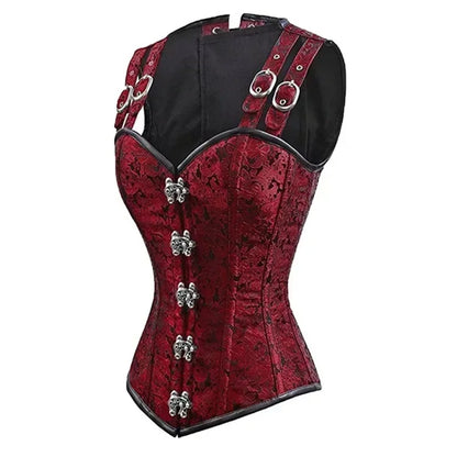 Women Corset with Shoulder Straps Overbust Bustier Plus Size Floral Jacquard Gothic Corset Top Steampunk Corset Vest