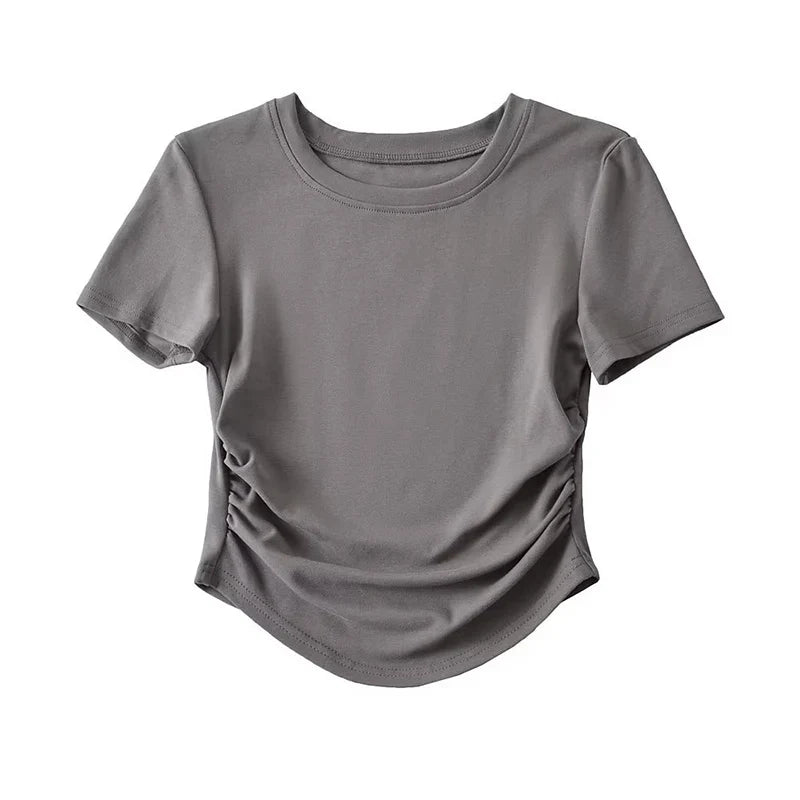 Harajuku Women Crew Neck Short Sleeve Cotton Tee With Ruched Sides Detail T-shirts