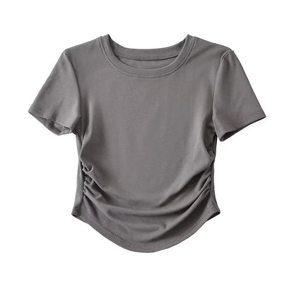 Harajuku Women Crew Neck Short Sleeve Cotton Tee With Ruched Sides Detail T-shirts