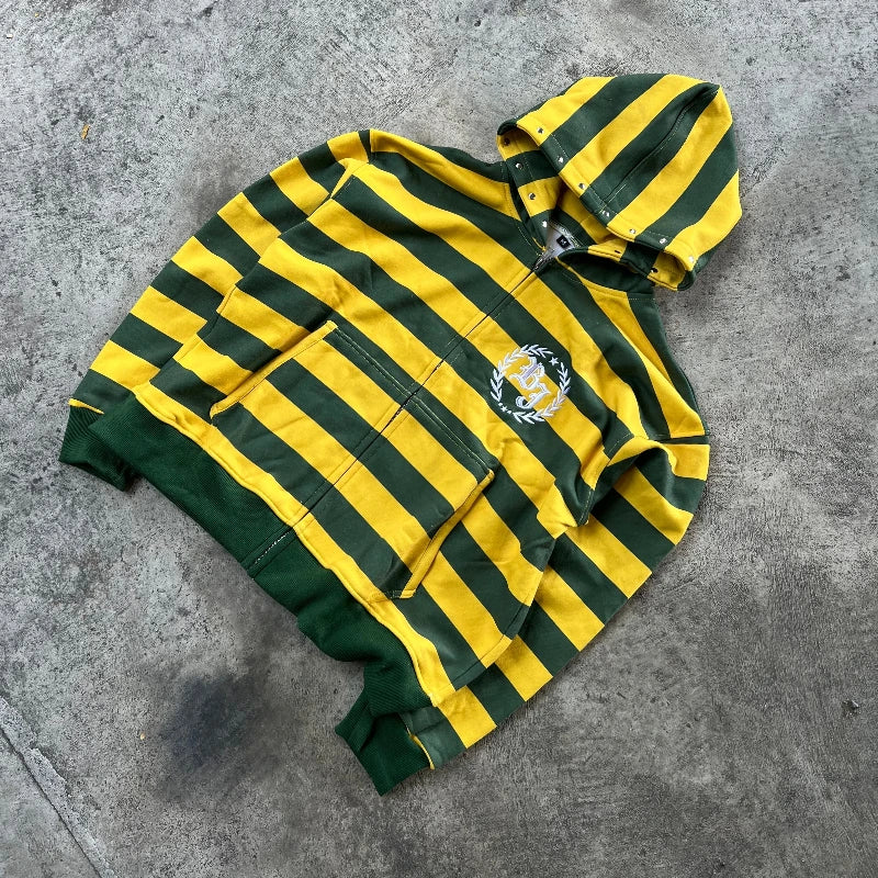 Y2K Street Kid Zip Up Hoodie Stripe Rivet Embroidery Pattern Sweatshirt New Men Hip Hop Fashion Streetwear Unisex Boxy Clothing
